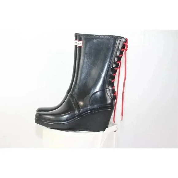 Hunter Black Verbier Wedge Boots Red Lace Up Rubber Rain Size 7 - Picture 5 of 9